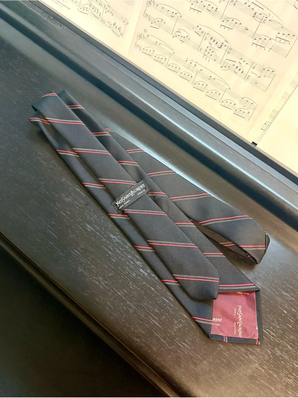 Yves Saint Laurent Black Tie with Red Strips, Elegant Designer Wear